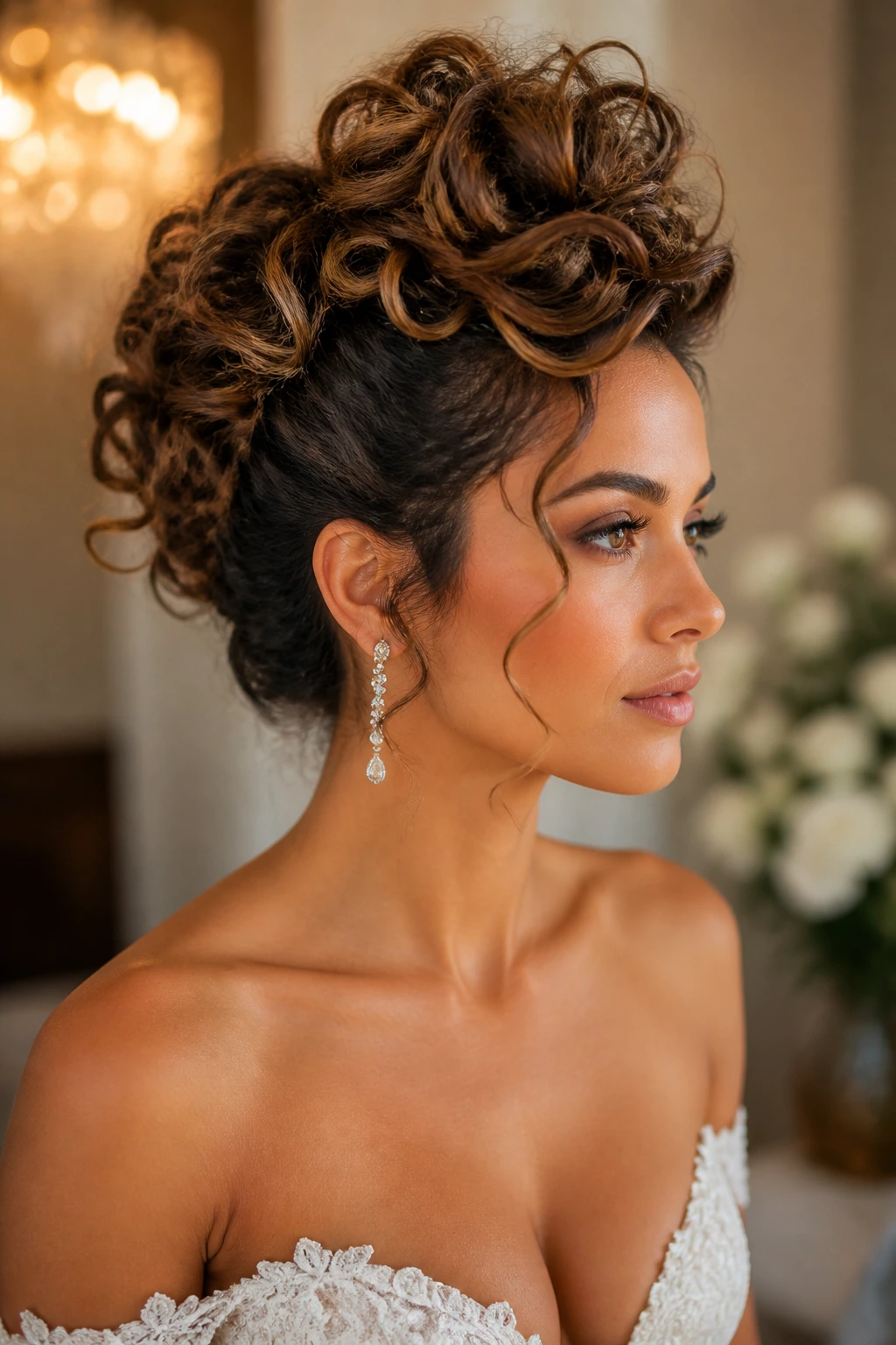Bride with curly faux hawk updo and pinned sides
