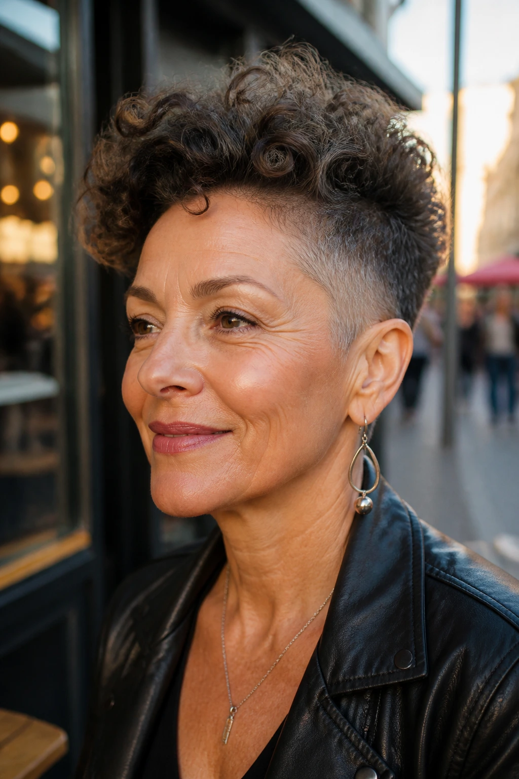 Portrait of a real woman with Curly Fauxhawk With Softer Edges.