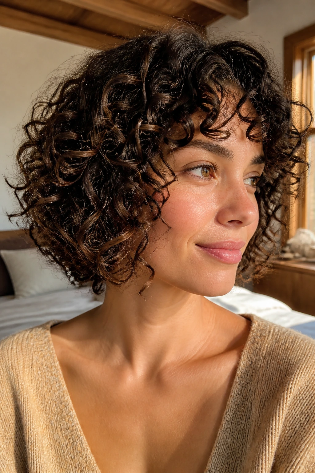 Close-up of a real woman with a curly feathered bob showing defined curls and soft feathering.