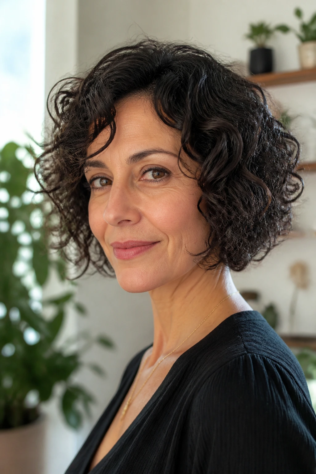 Close-up of a woman with curly feathered bob hairstyle in a sunny living room.