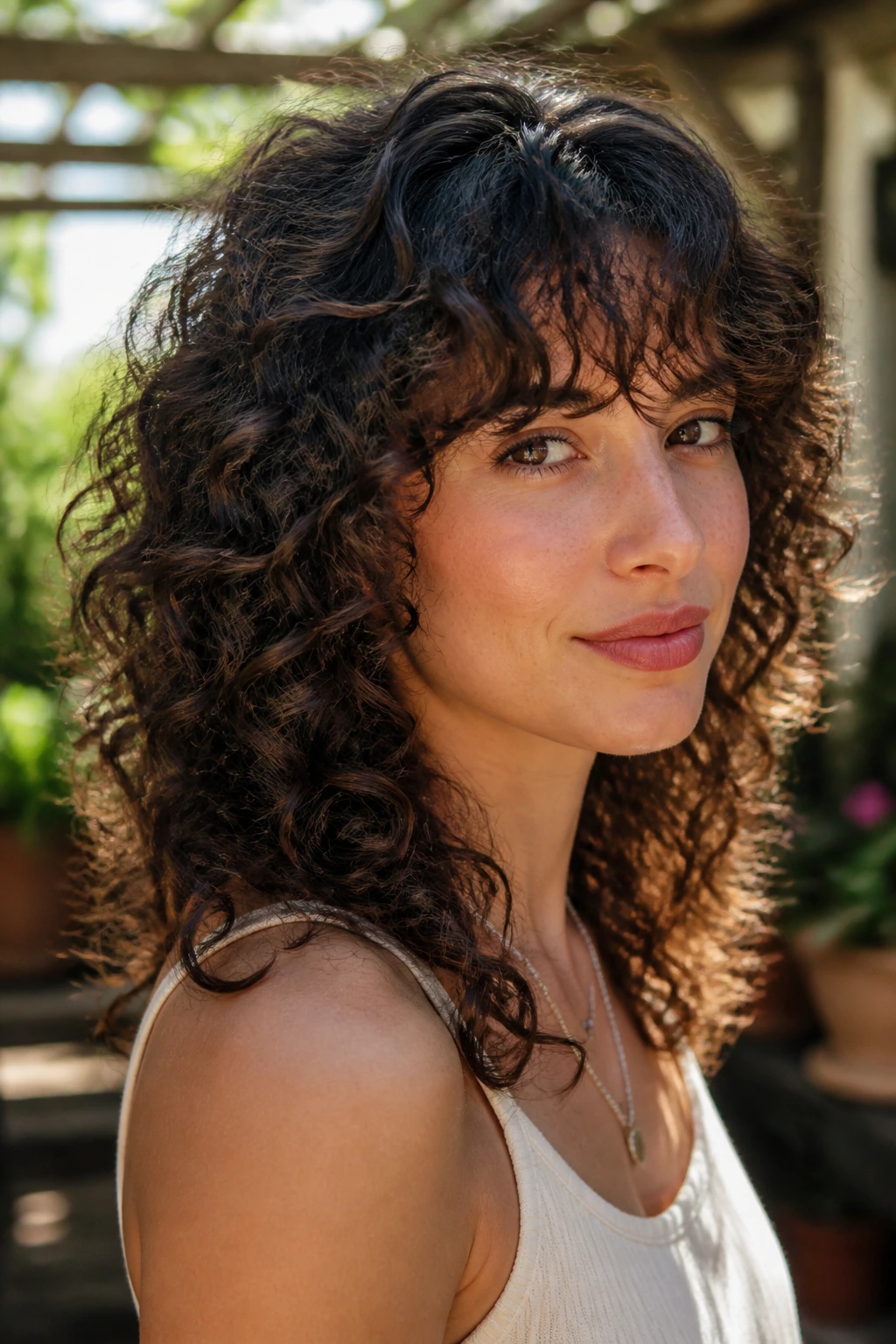 Portrait of a person with curly feathered cut and curly bangs in natural light