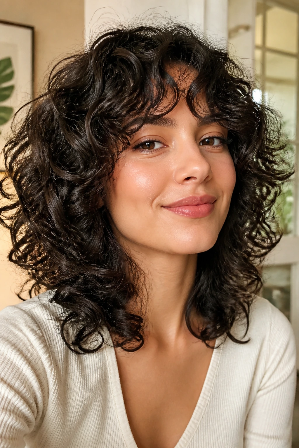 Close-up of curly medium-length hair with feathered layers on a real woman