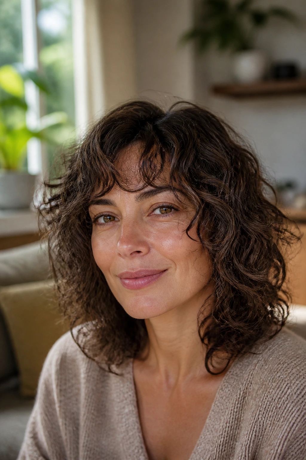 Close-up of a real woman with curly fine-hair shag showing defined curls