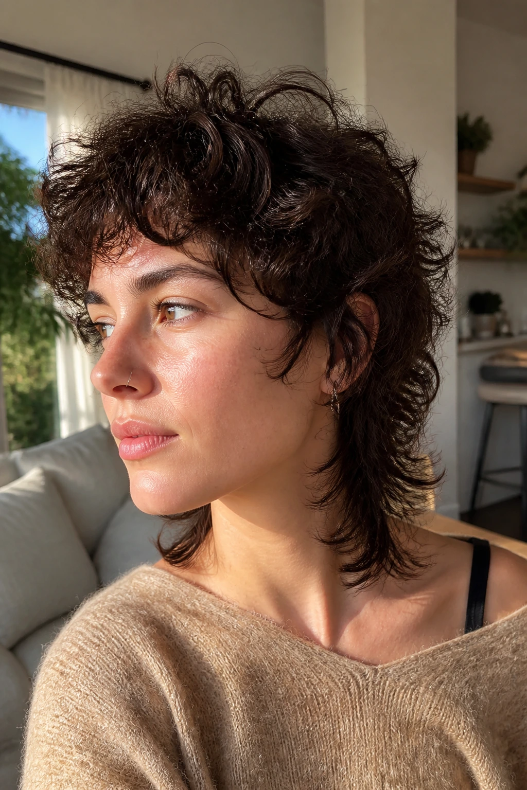 Close-up of a real person with curly-fine wolf cut and defined curls on top.
