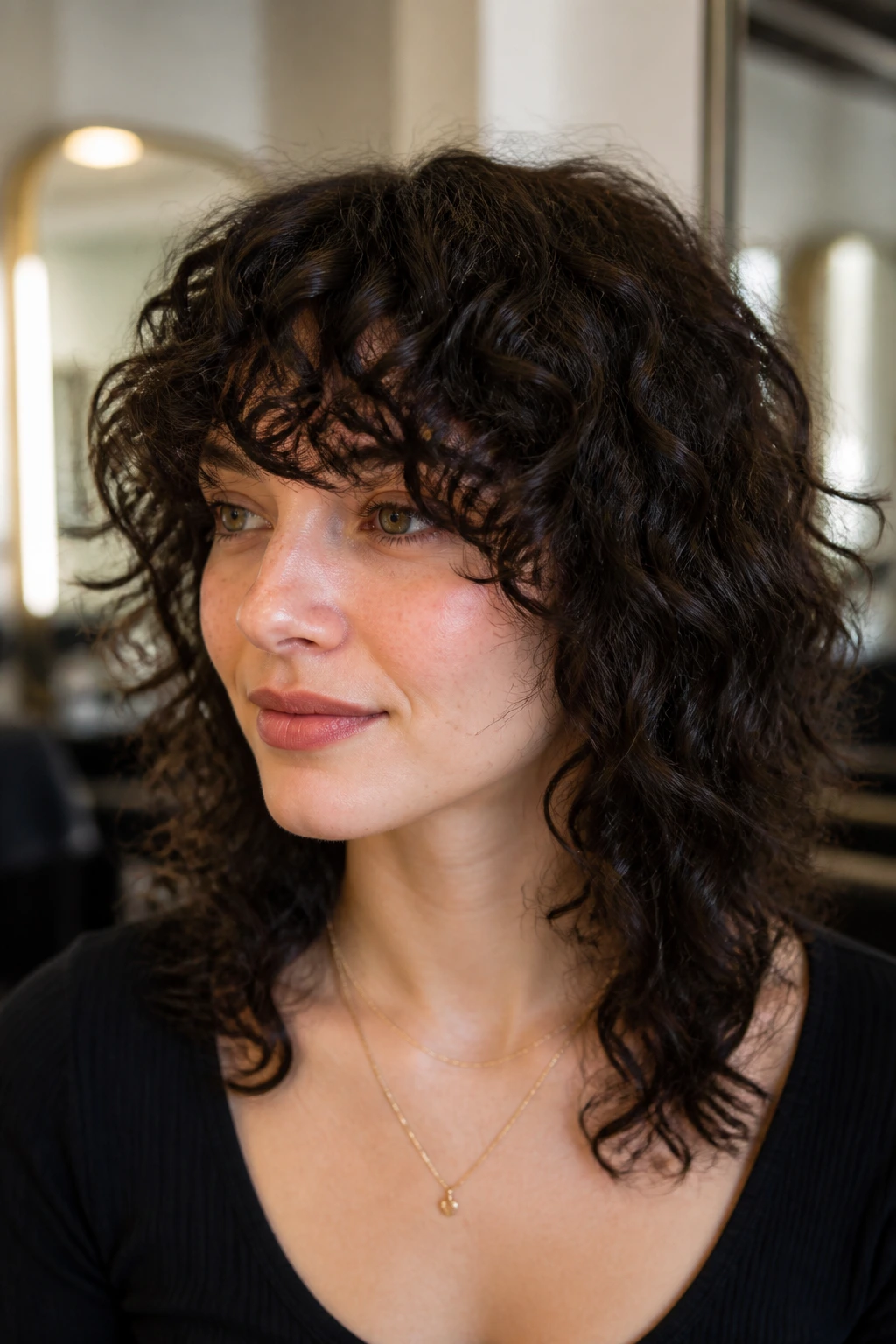 Close-up of a woman with curly-first fringe showcasing a curl-aware variation