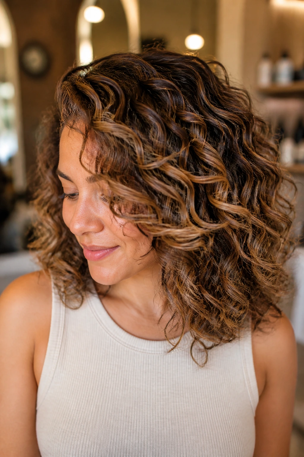 Close-up of curly foilayage showing dimension on real hair with curls