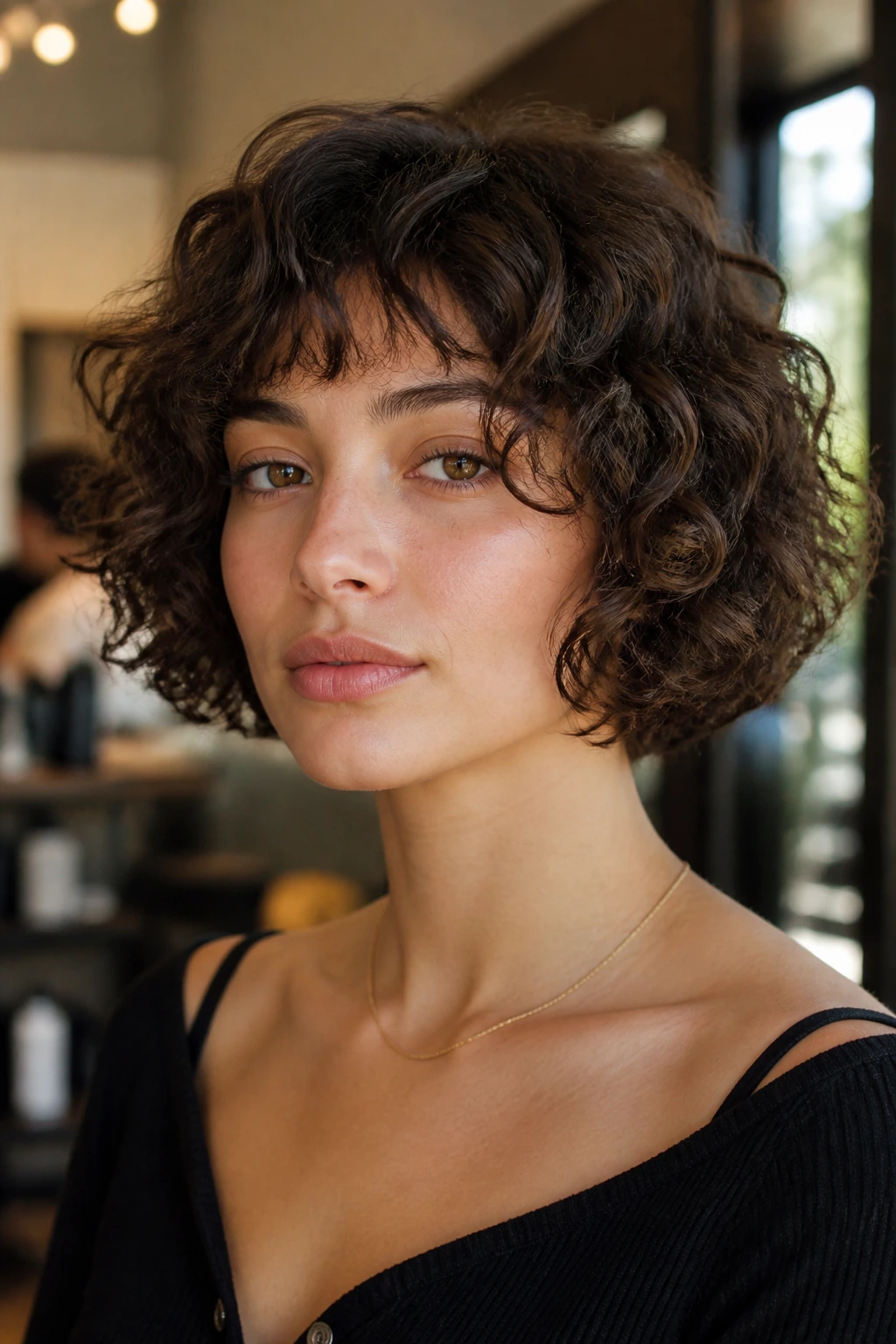 Close-up of a real woman with a chin-length curly French bob in warm salon light