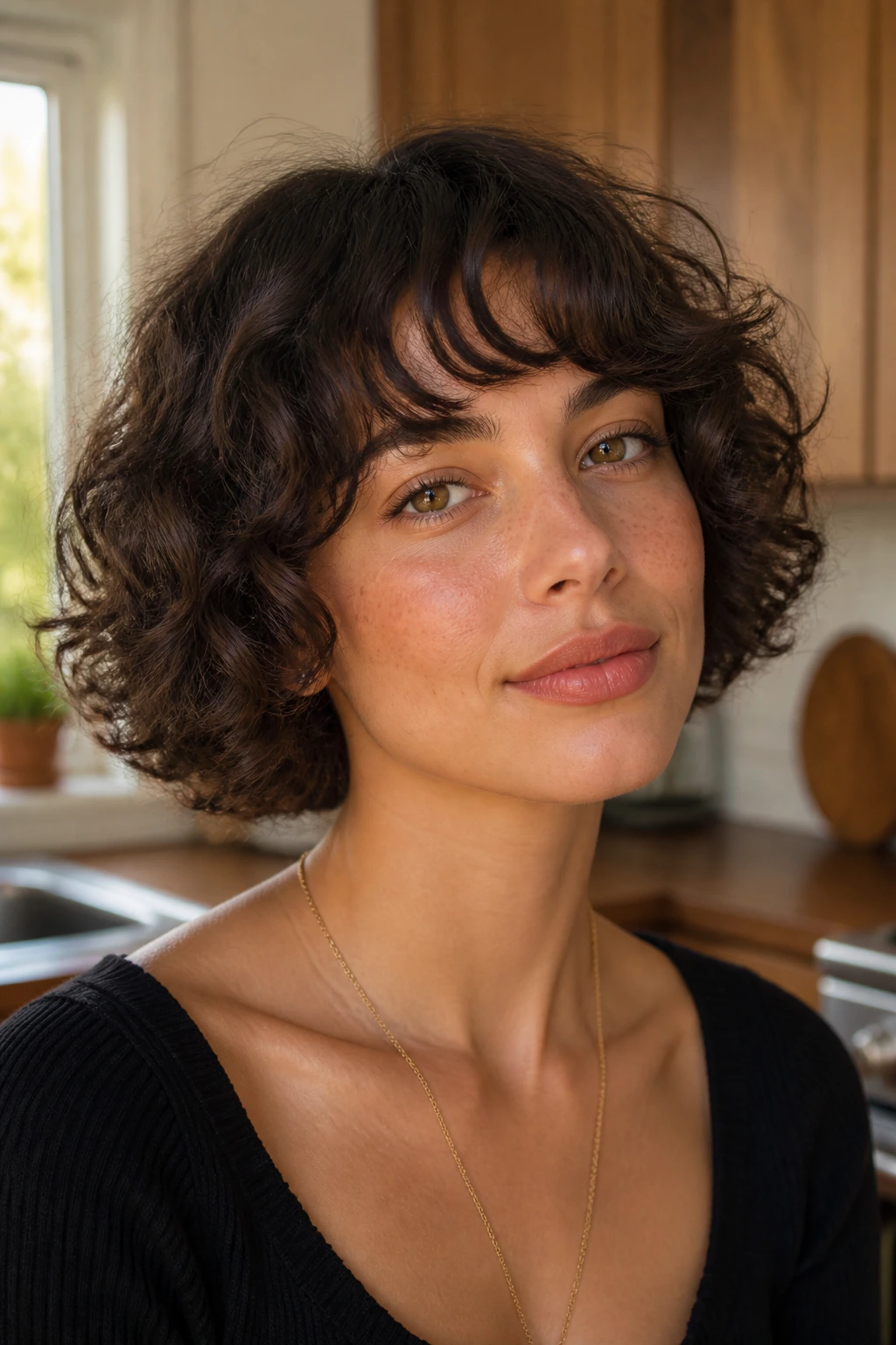 Close-up of a woman with curly French bob and bottleneck bangs