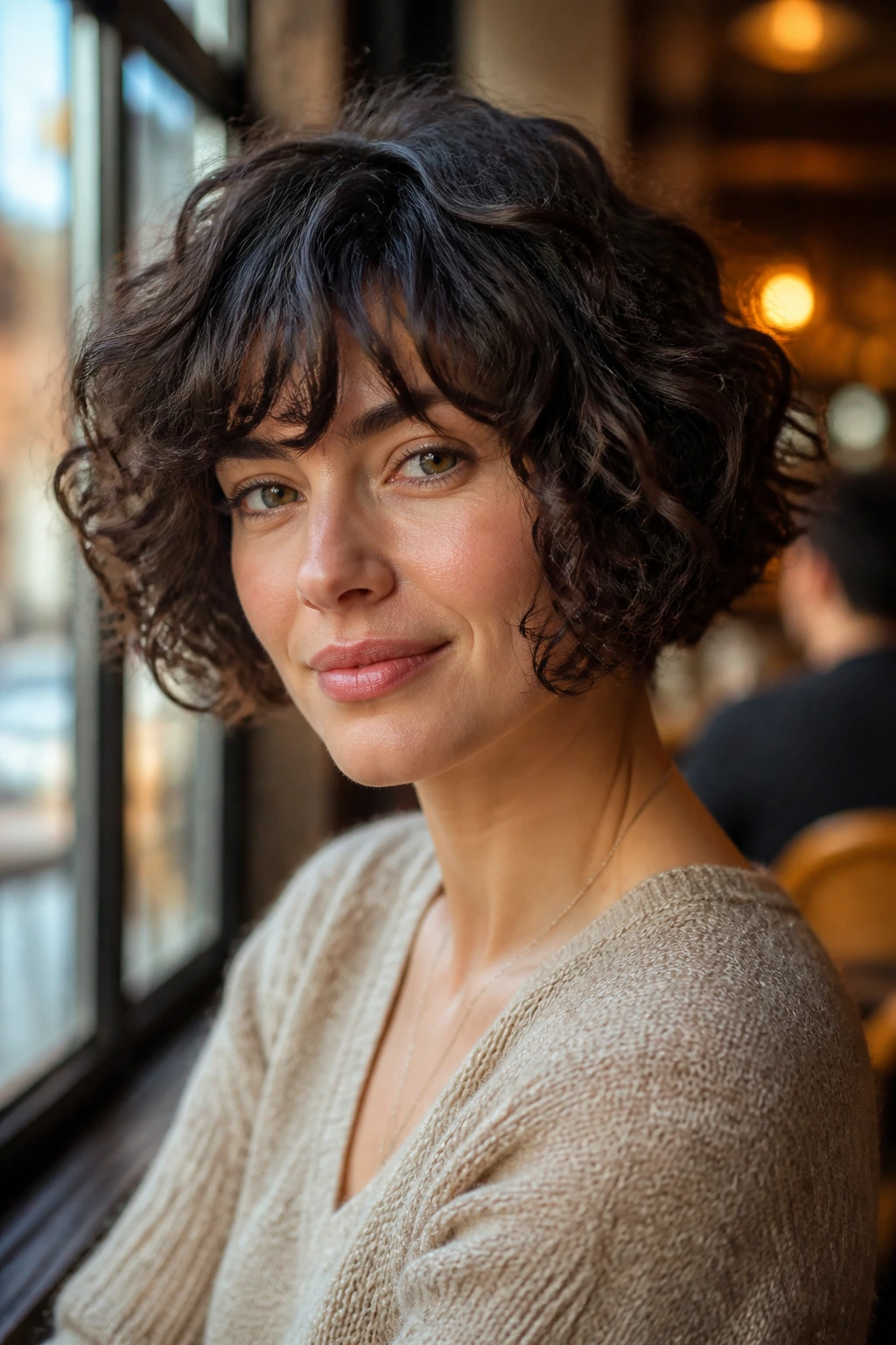 Close-up of a real woman with cheekbone-length curly French bob in warm cafe light