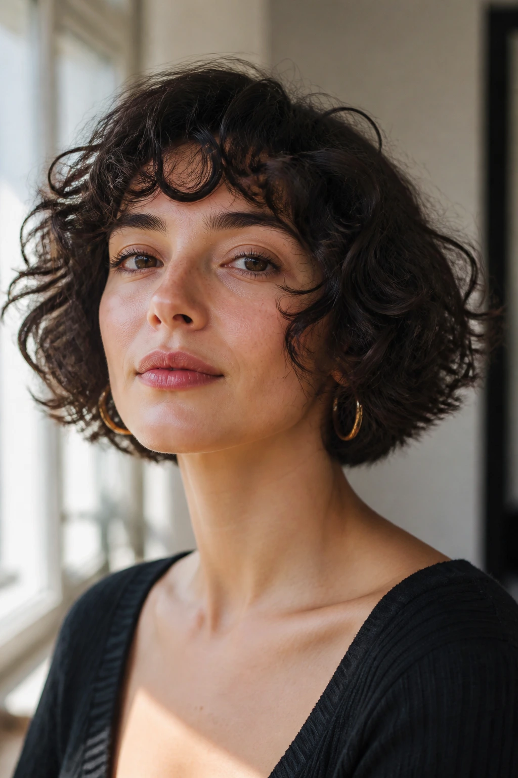 Portrait of a real woman with a curly French bob
