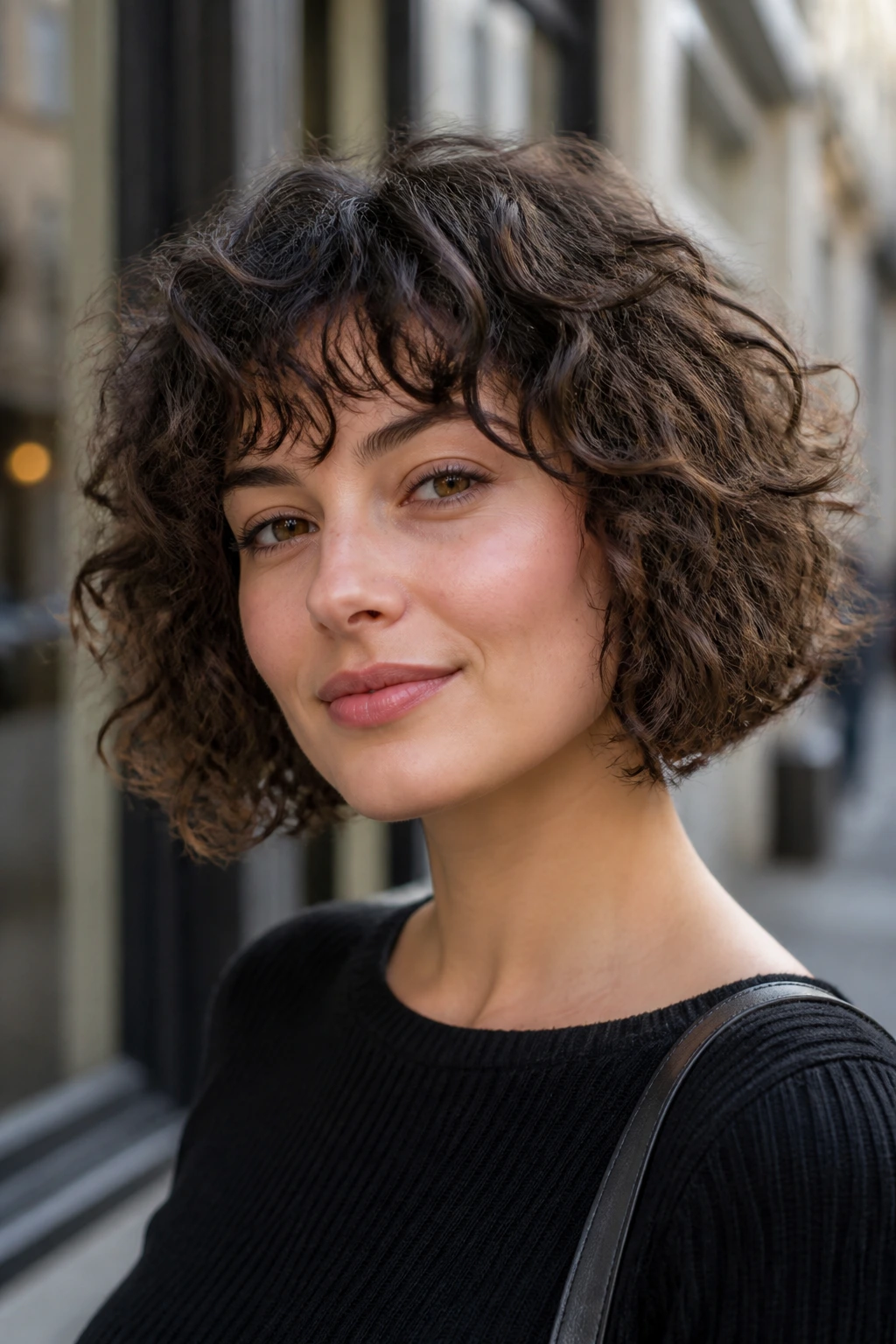 Close-up portrait of a real woman with a curly French bob in an urban setting.