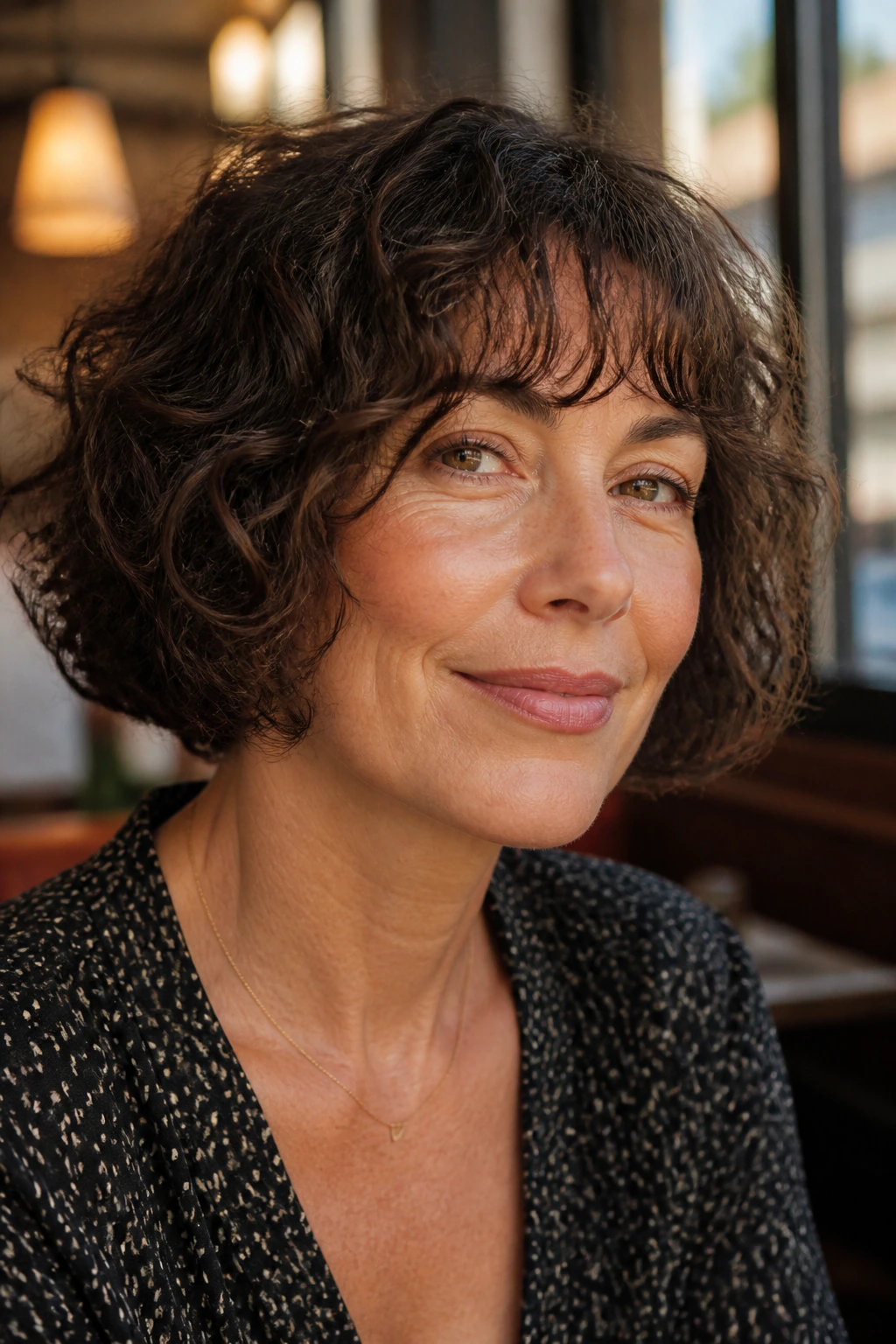 Close-up of a woman with a curly French bob and wispy bangs in cafe-window light.