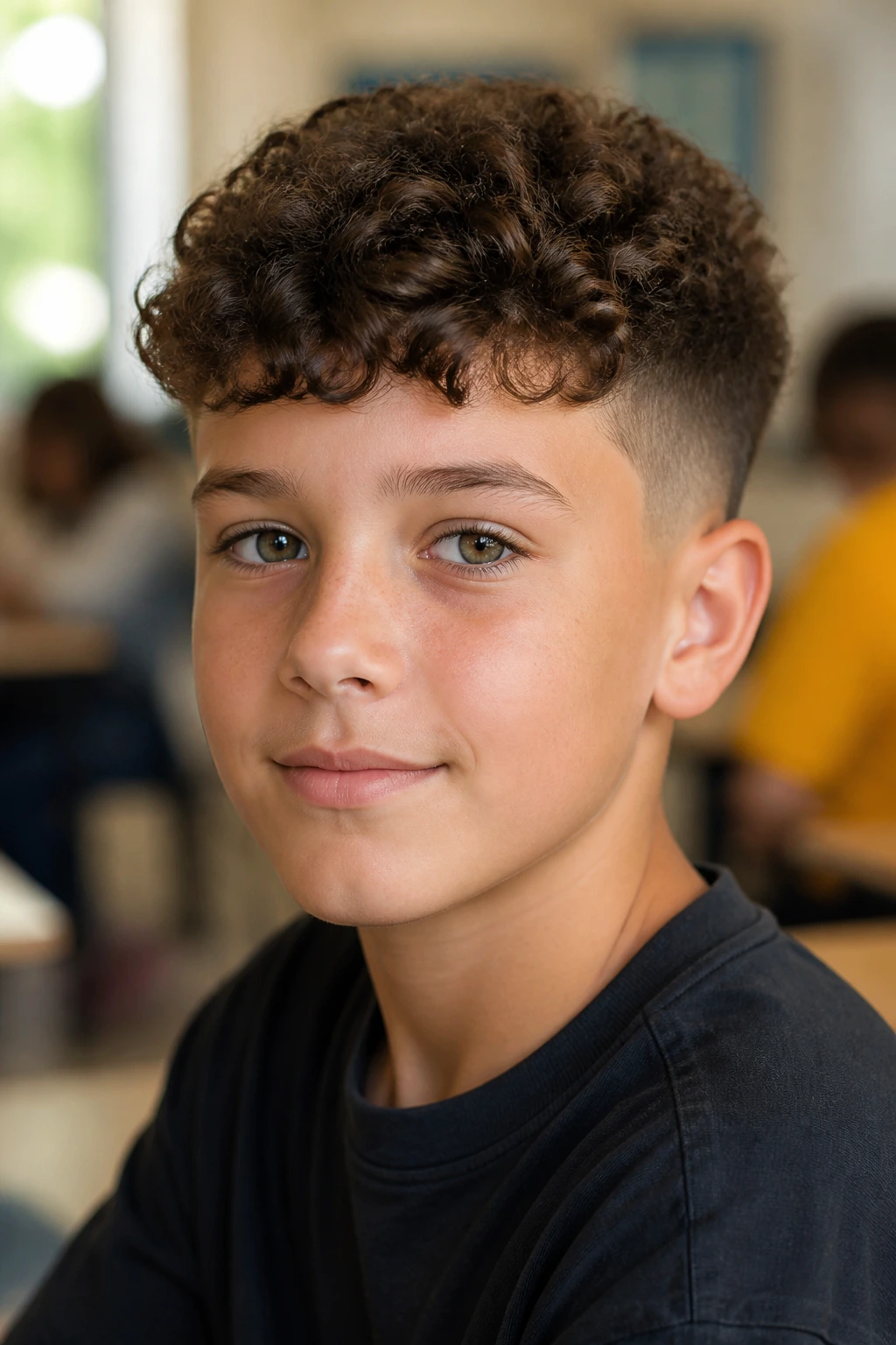 Close-up of a real boy with a short curly French crop