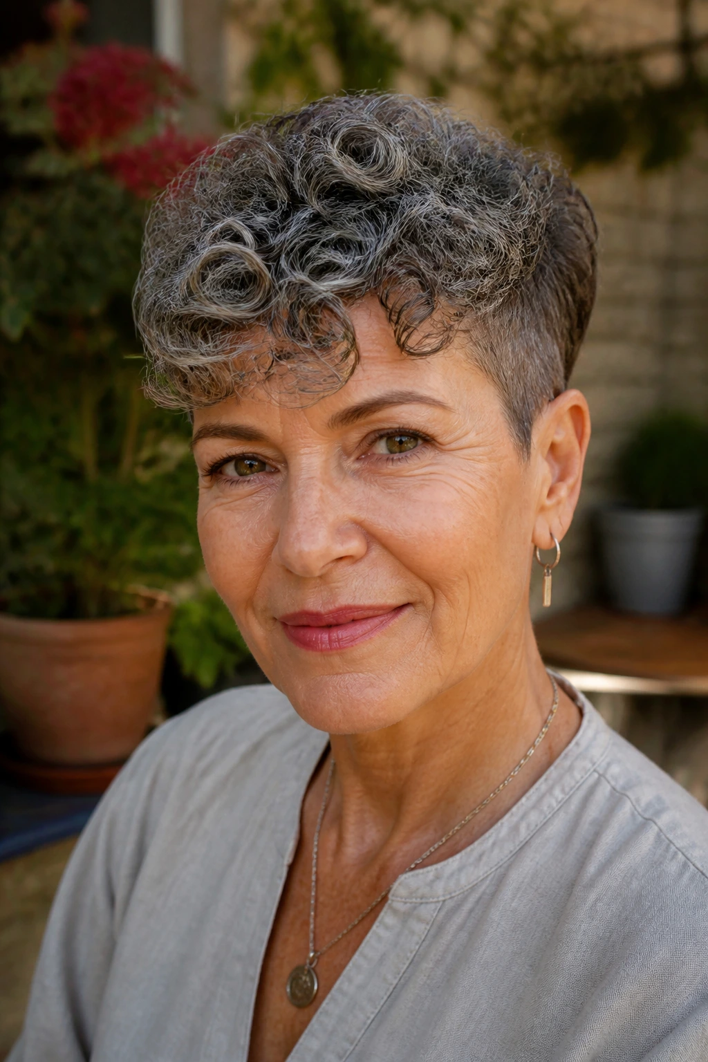 Close-up of a real woman with Curly French Crop in a garden setting