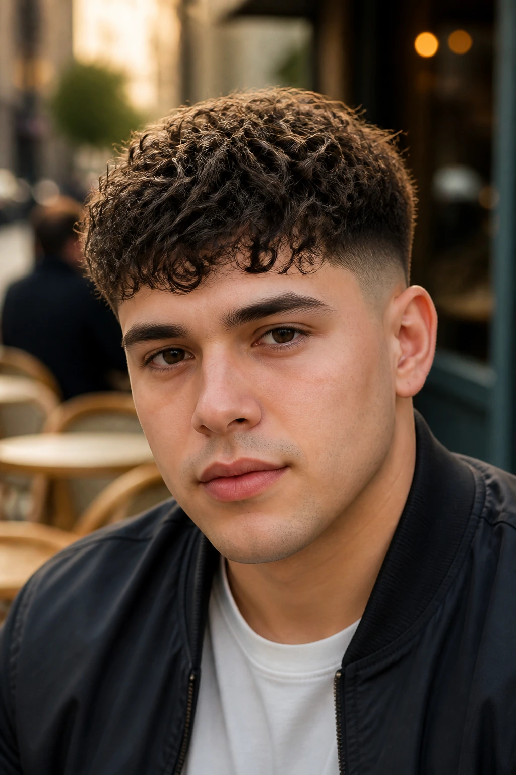 Close-up of a real person with curly French crop showing top curls and side curls.