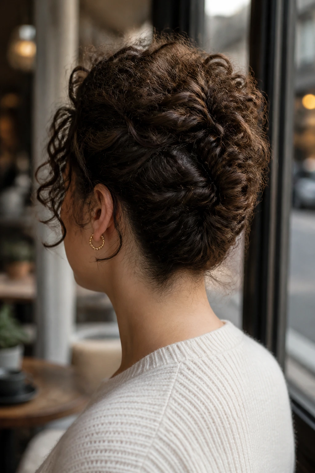Real person with a curly French roll from a side/rear view
