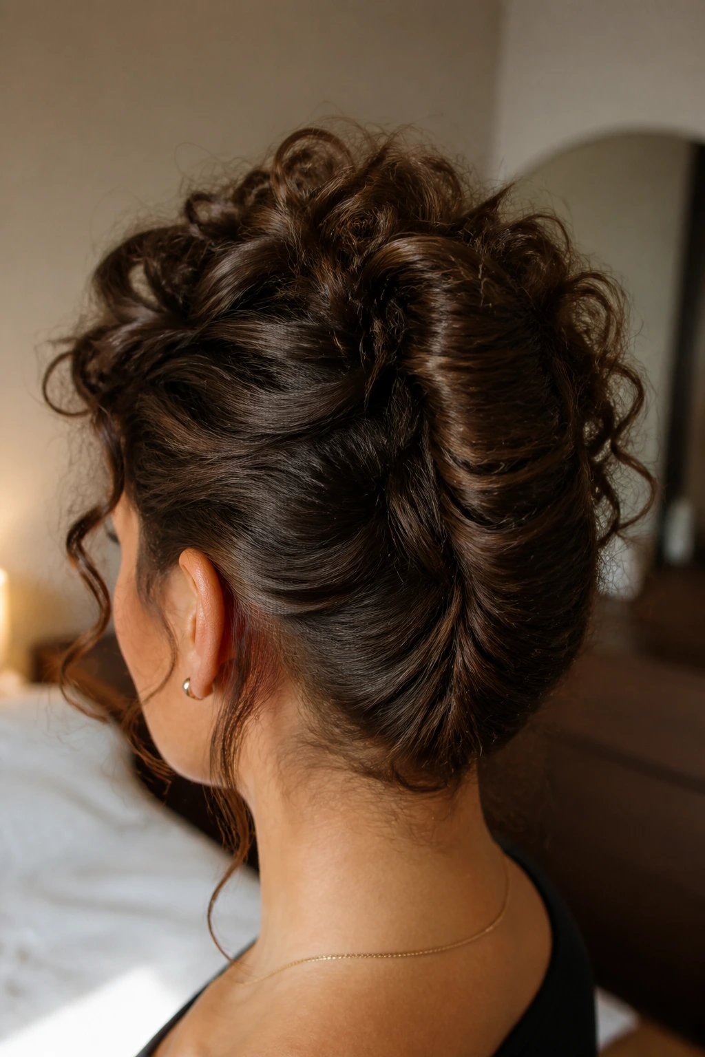 Close-up of real woman with curly French twist from back-three-quarter view