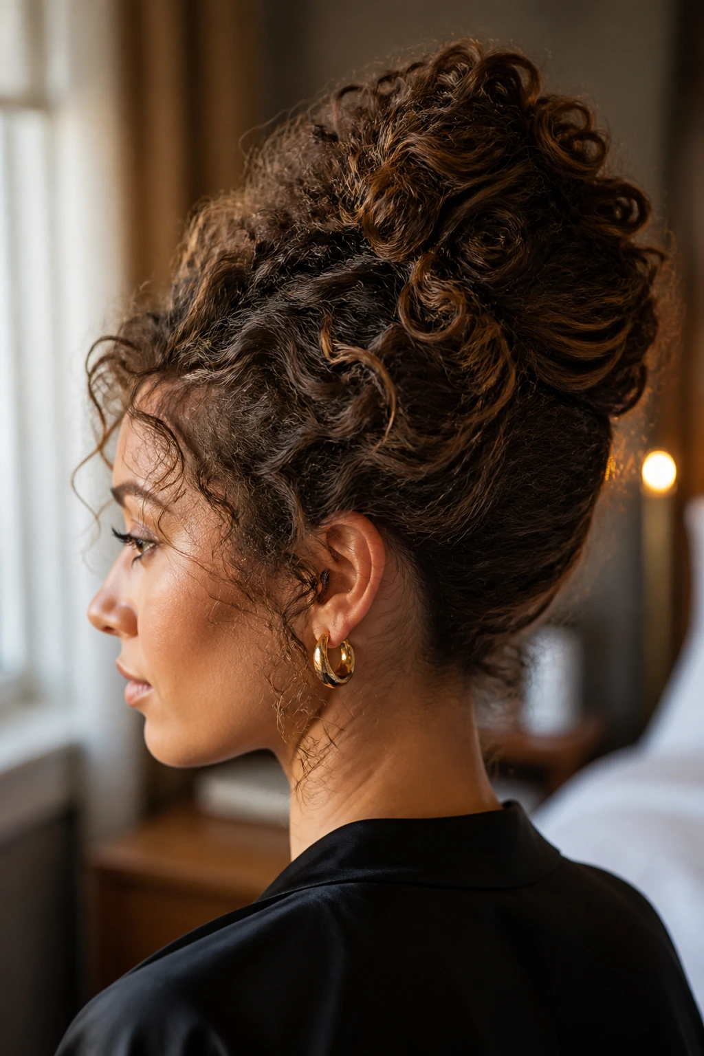 Close-up portrait of a real woman with a curly French twist in soft window light