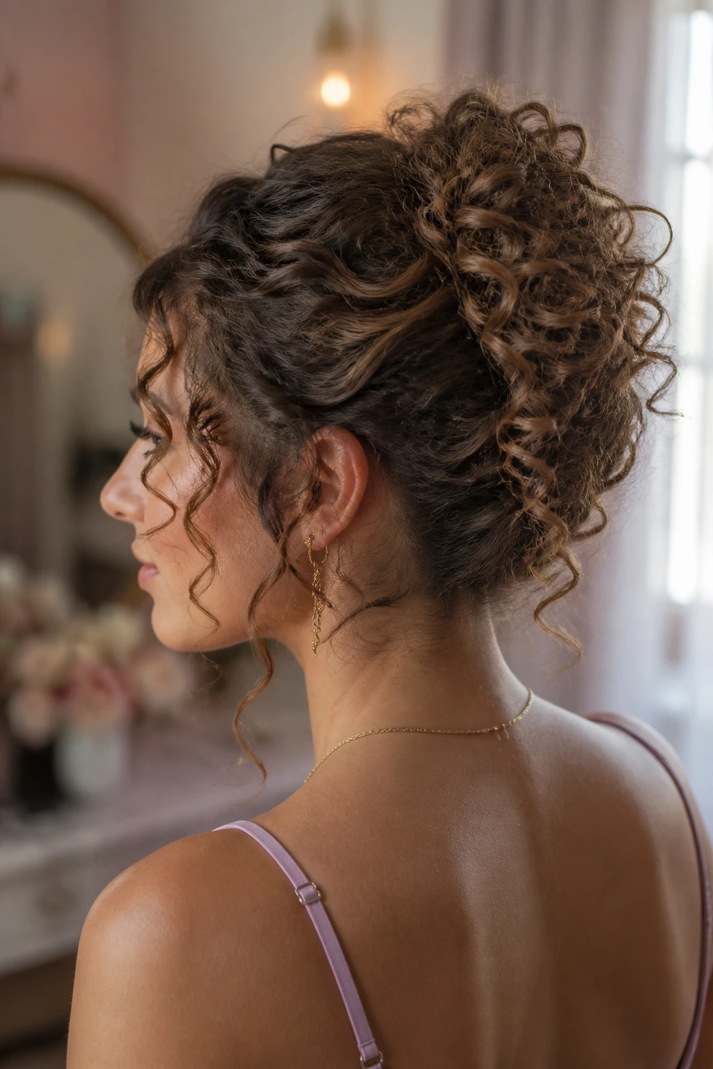 Close-up of curly French twist showing texture on a real person