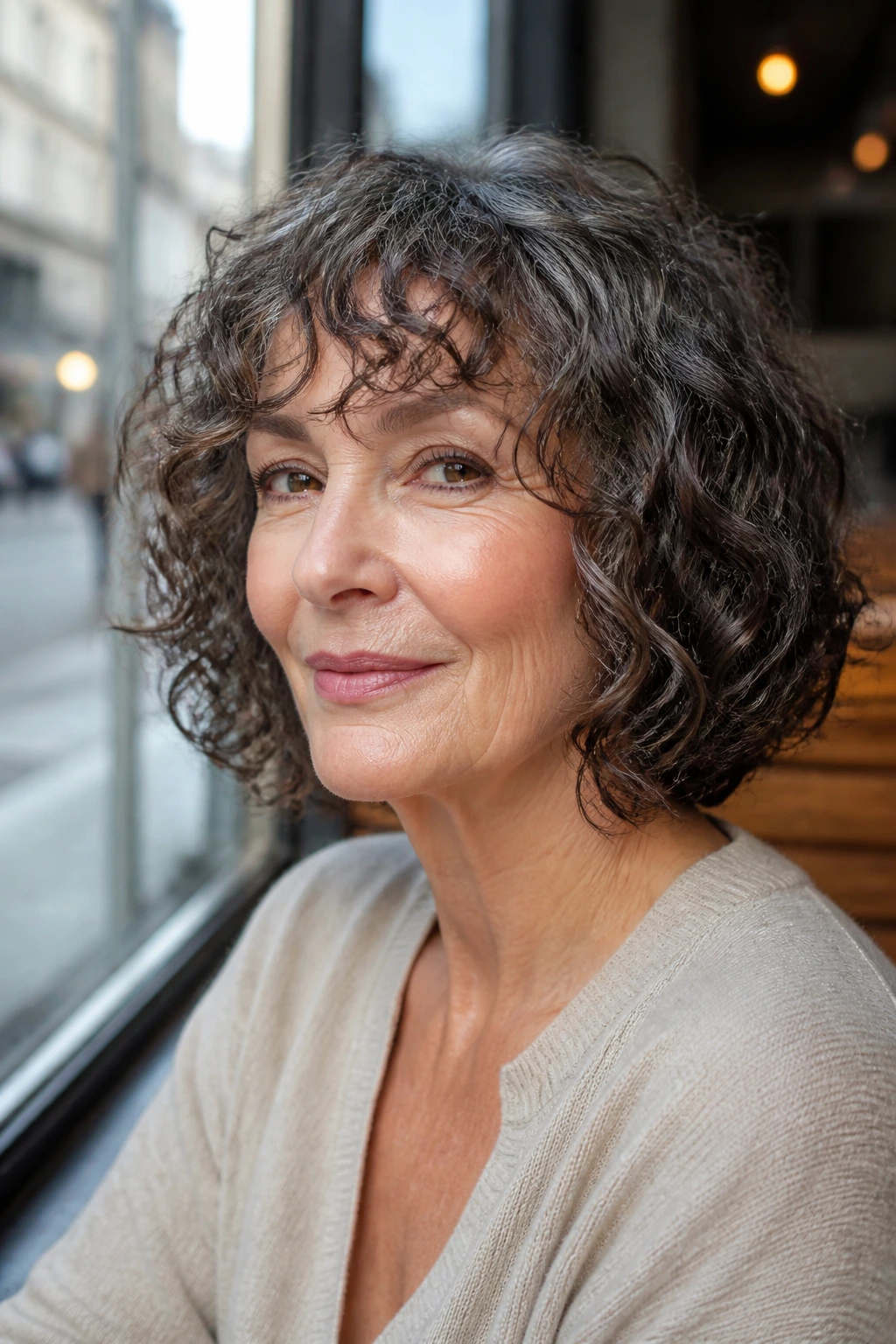 Close-up of a real woman's curly fringe bob with soft bangs and defined curls in natural light
