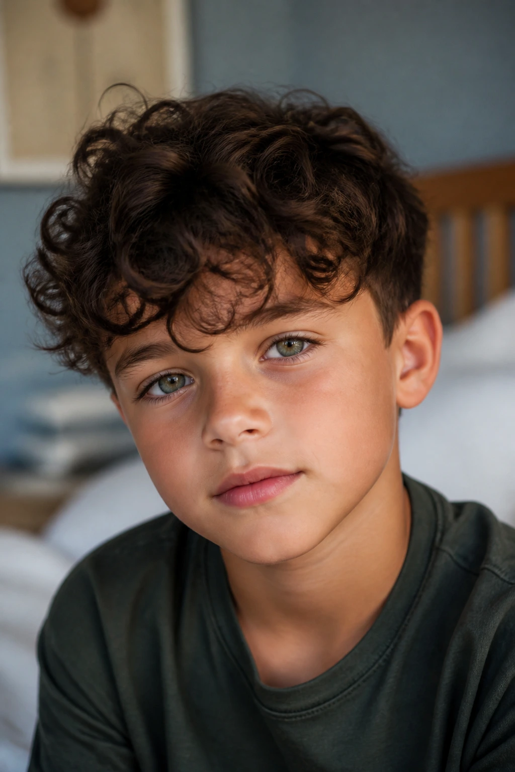 Close-up portrait of a boy with curly fringe hairstyle in a sunlit bedroom.