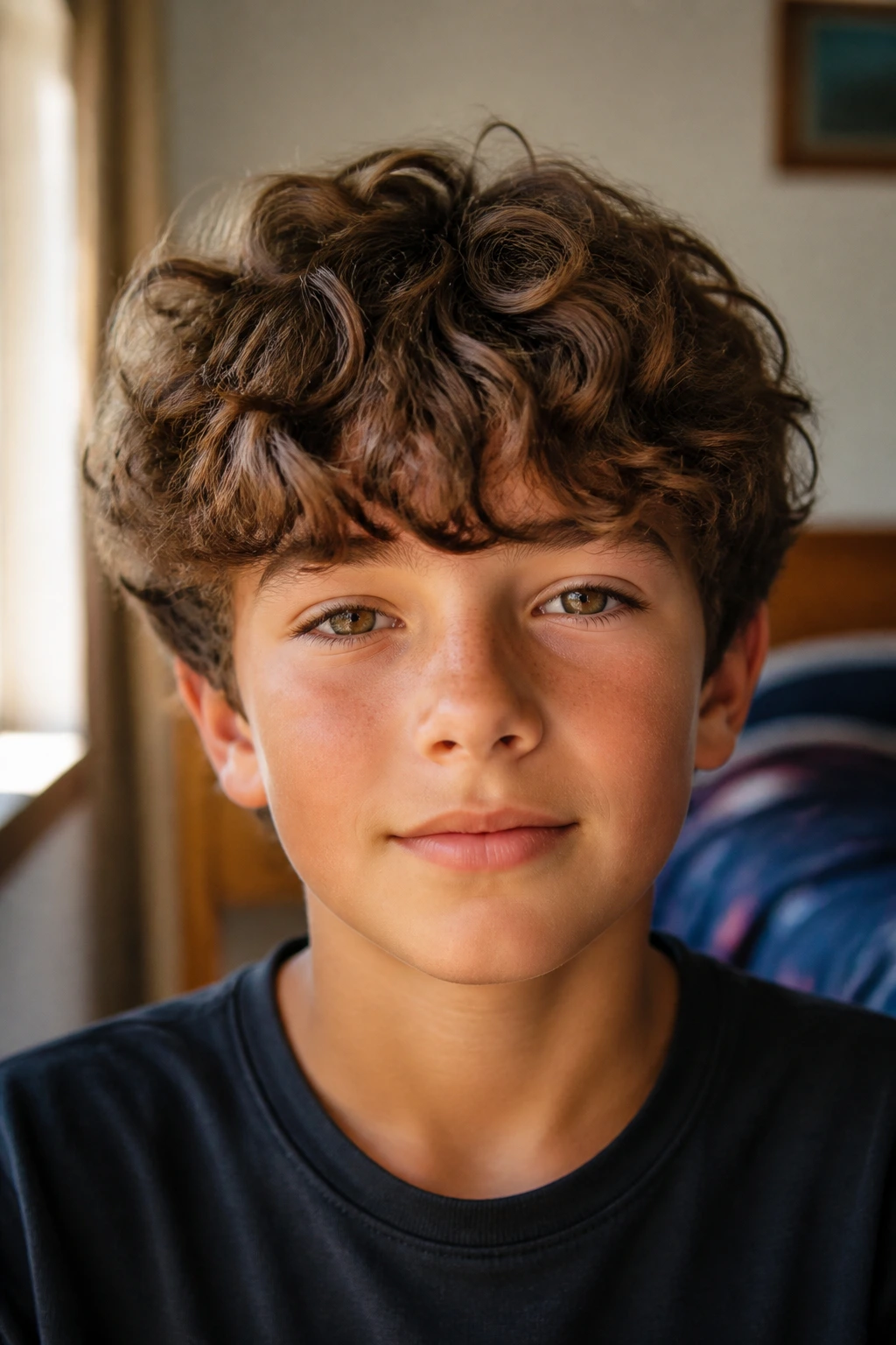 Close-up of a real schoolboy with curly fringe above the brows
