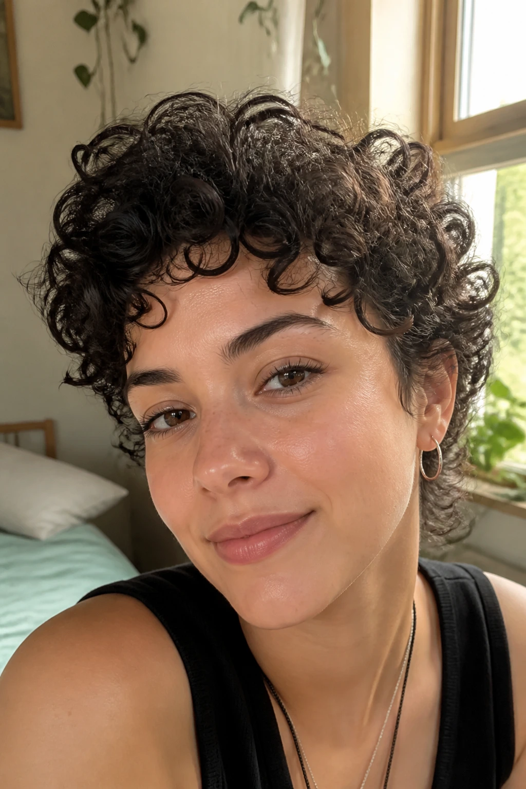 Real woman with curly fringe crop and forehead-framing curls