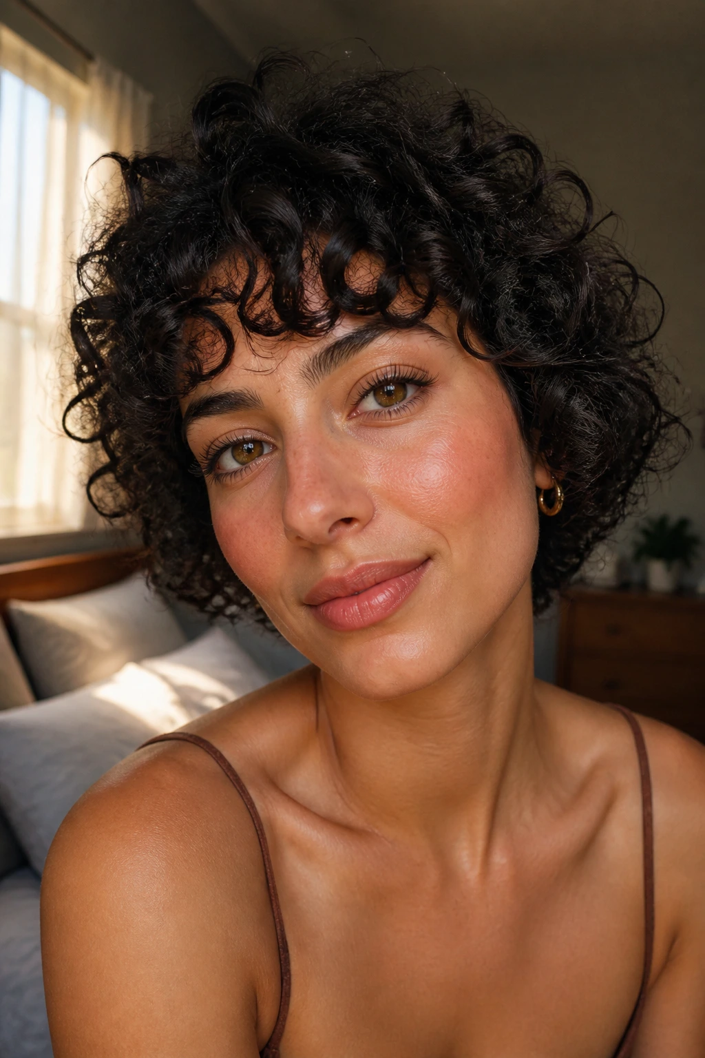 Close-up of a real woman with curly fringe above the brows, curl pattern respected.