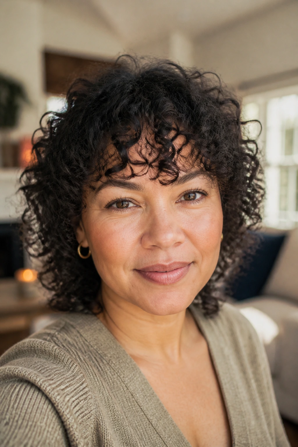 Close-up of a real woman with a curly fringe shaped dry to follow curl pattern