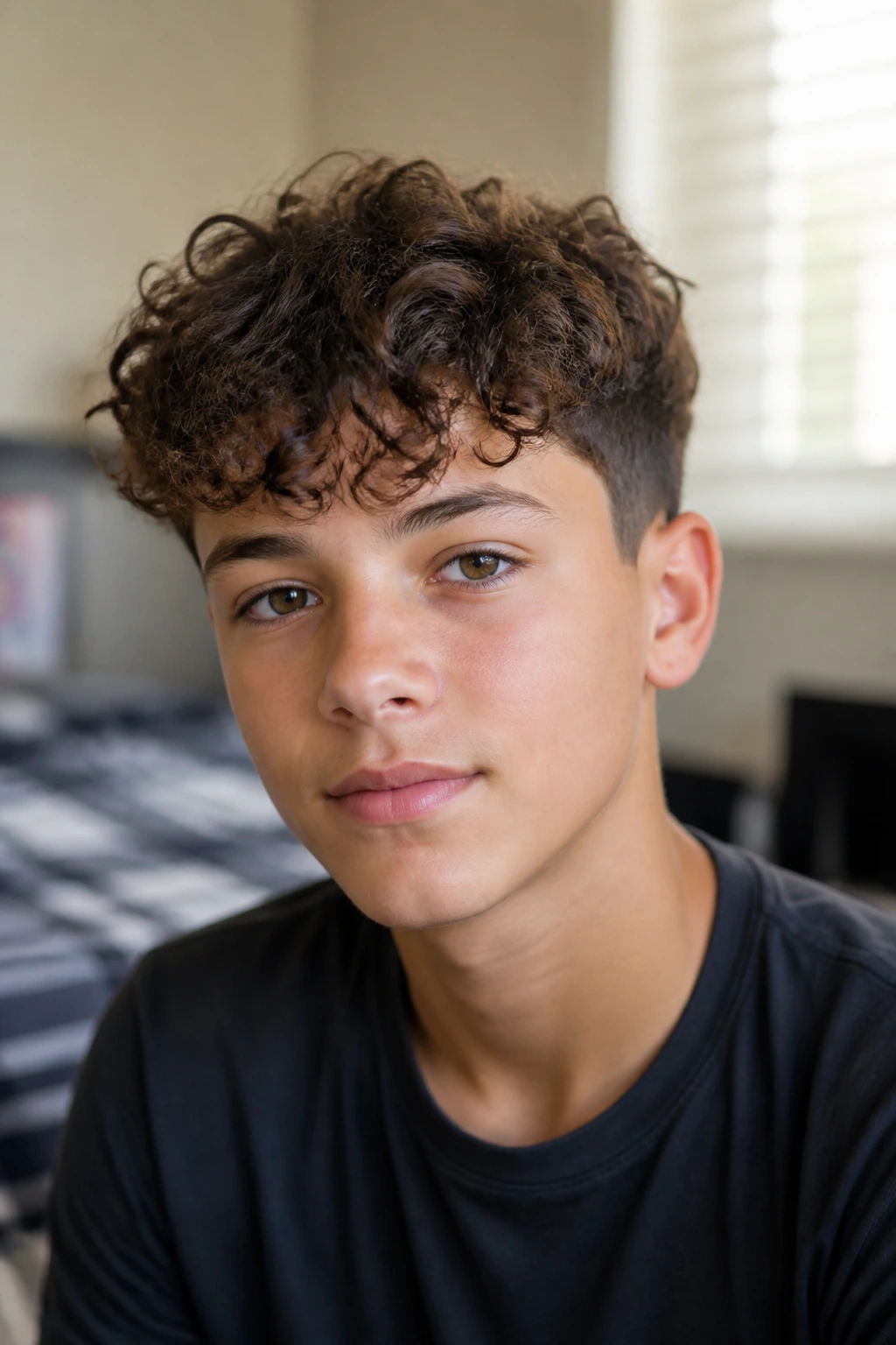 Close-up portrait of a real boy with a curly fringe across the forehead.