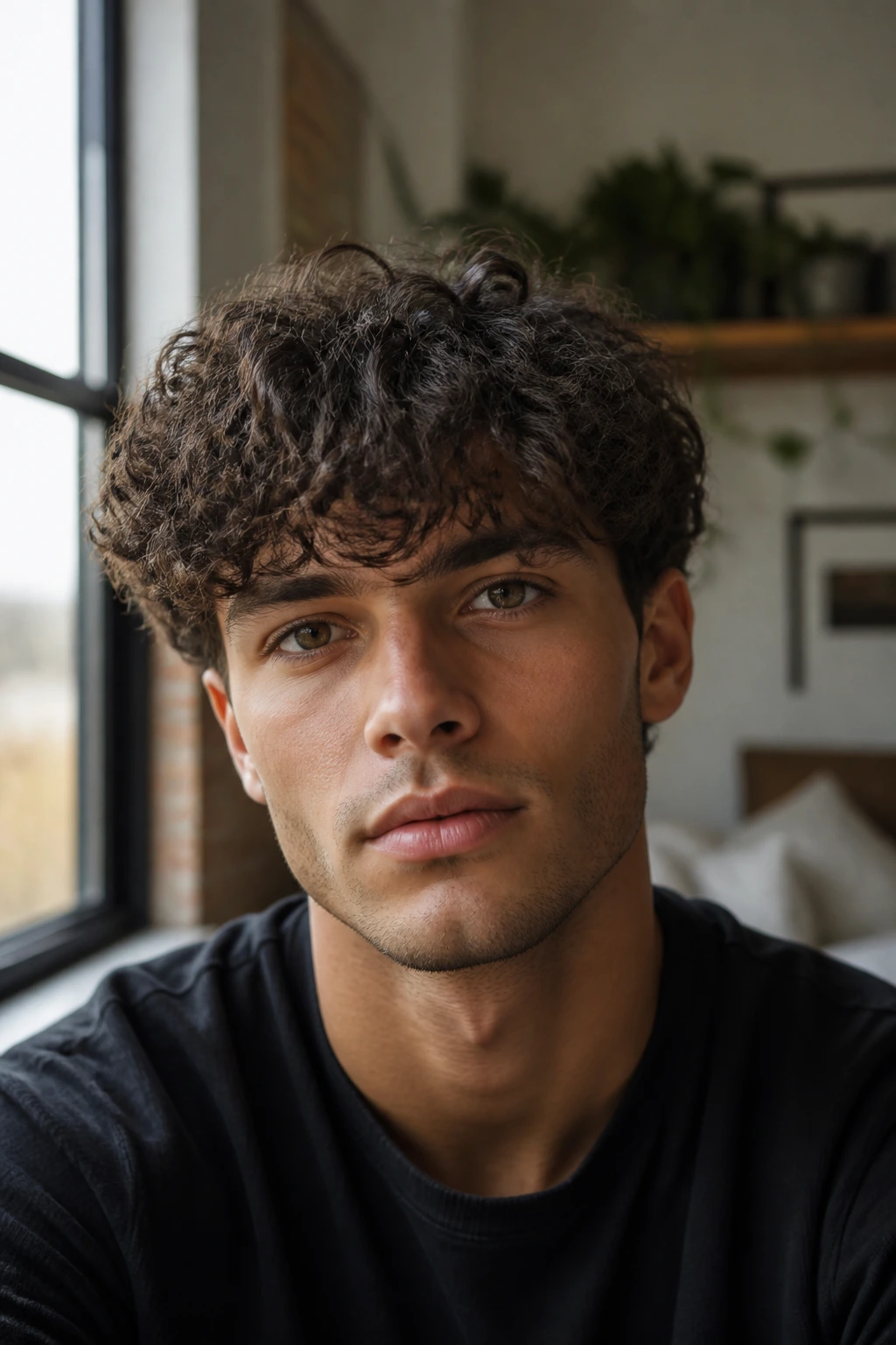 Close-up of a man with curly fringe across the forehead