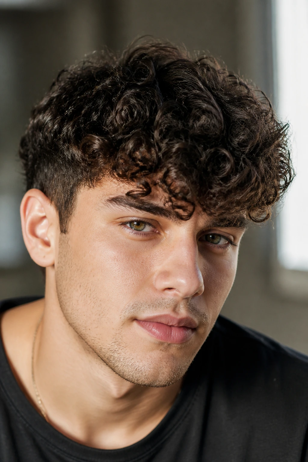 Portrait of a man with Curly Fringe curling over the forehead