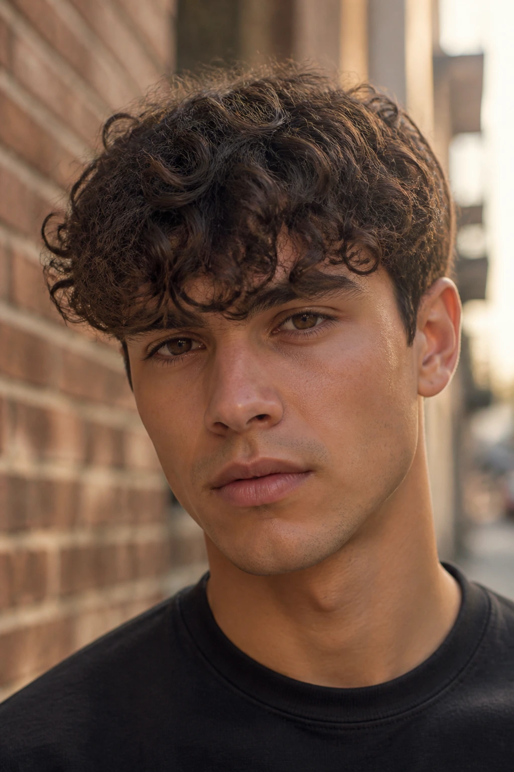Close-up portrait of a man with curly fringe hairstyle on brick-wall street backdrop