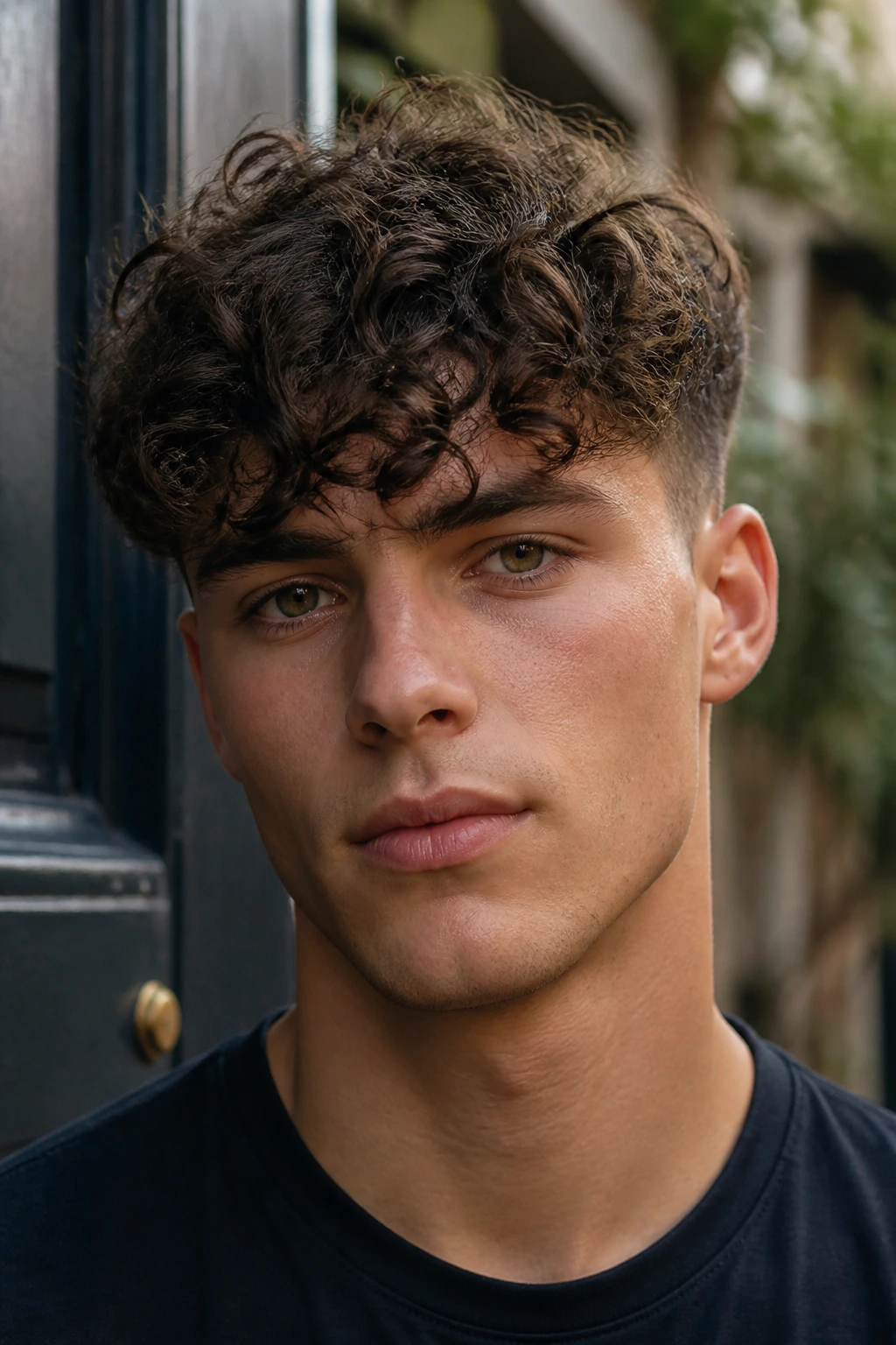 Close-up of man with Curly Fringe in soft outdoor light