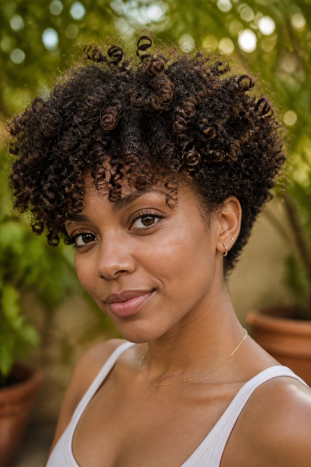 Close-up of a real person with tapered natural curls and fringe halo in sunlit garden setting
