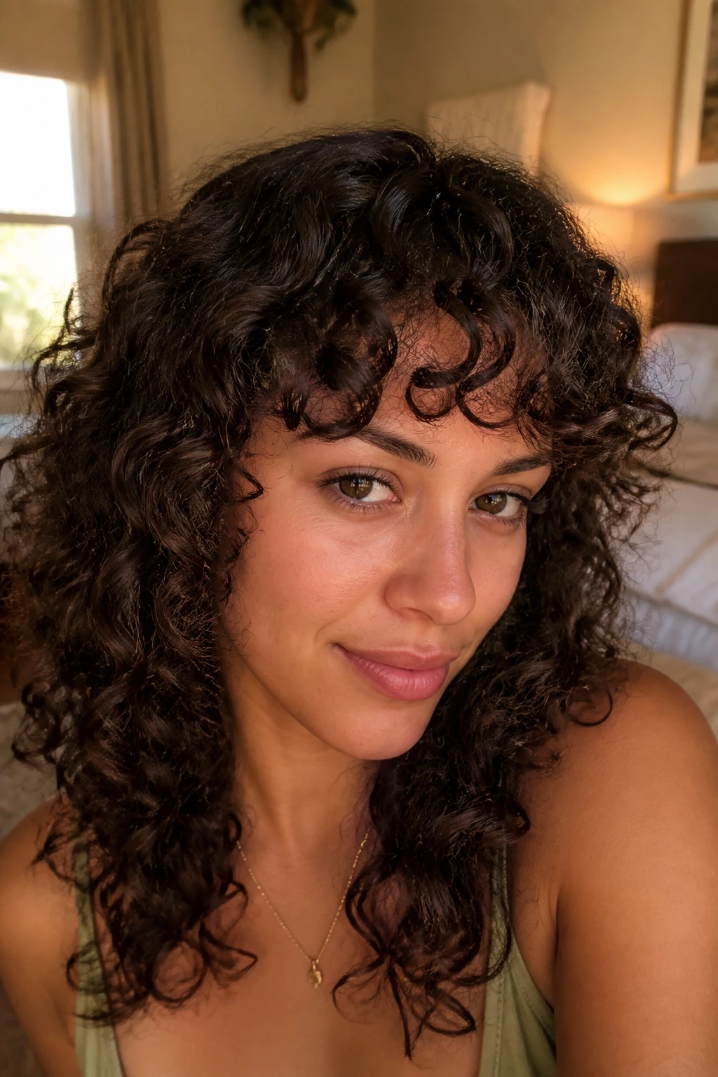 Close-up of a real woman with a rounded halo fringe across the forehead, showing shrinkage-aware curly hair.