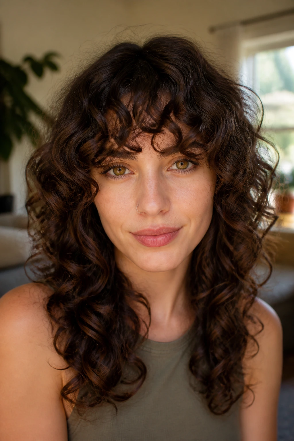 Close-up of a real person with curly fringe and layered front in warm indoor light