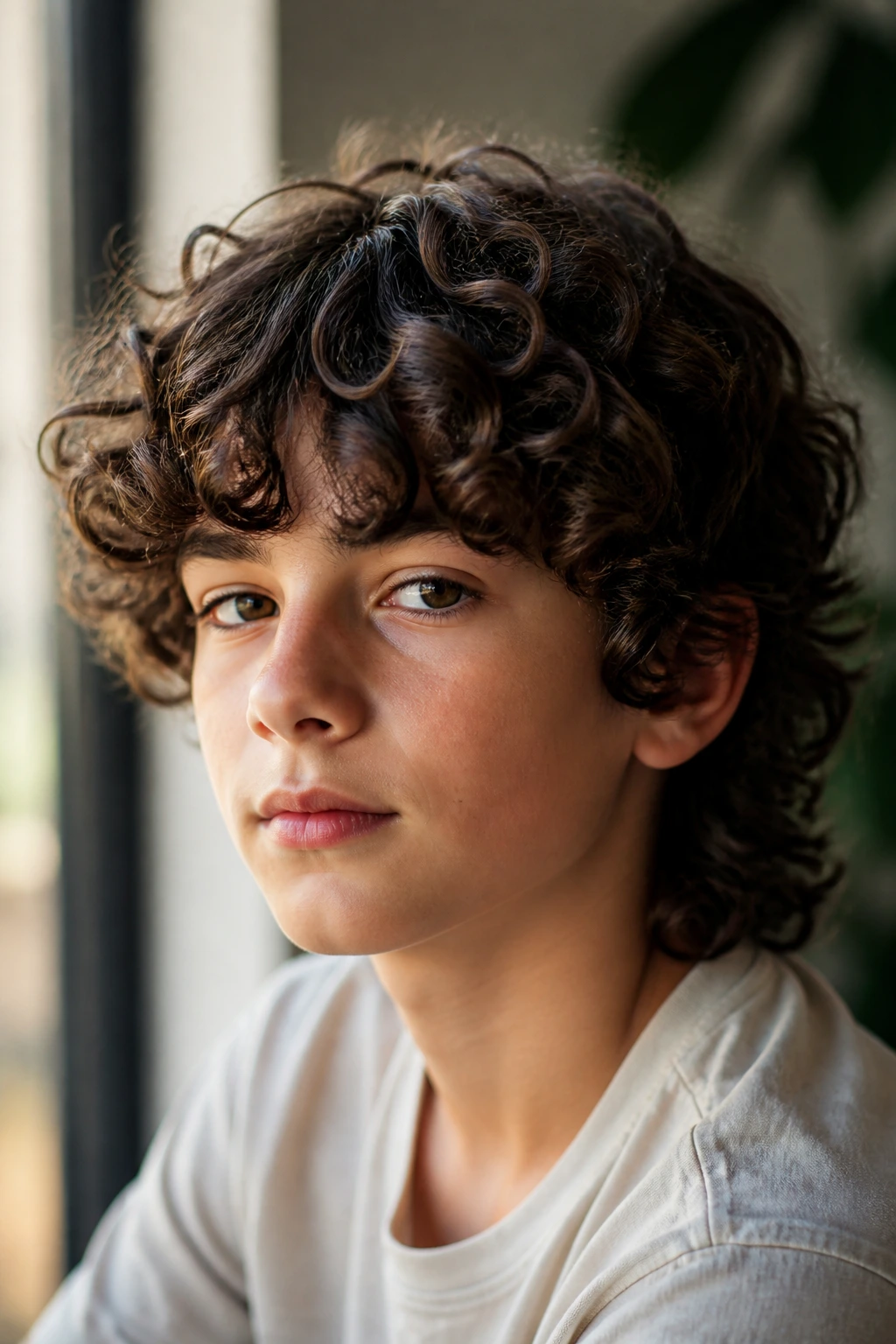 Boy with curly fringe and long layers.