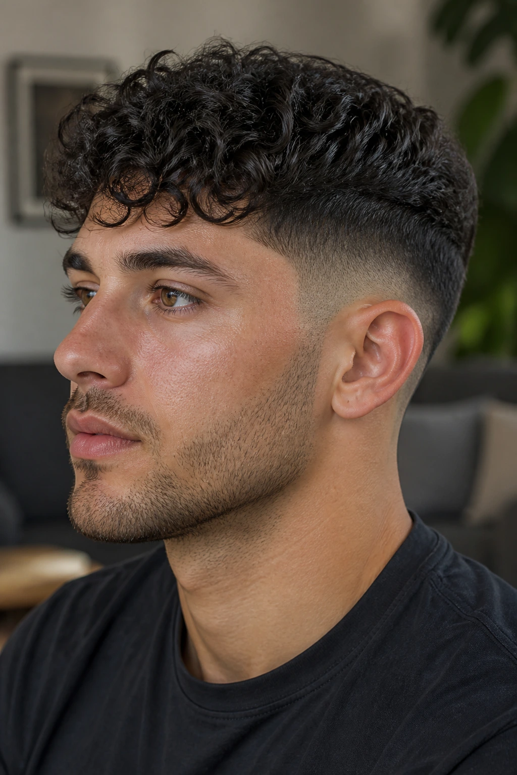 Close-up portrait of a man with curly fringe and low fade.
