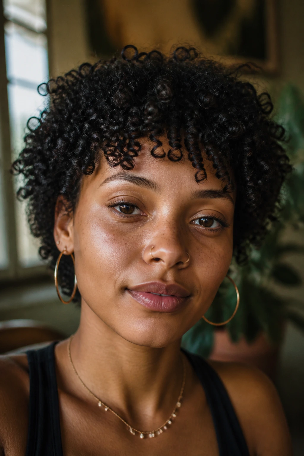 Close-up of a real woman with a soft coiled micro fringe on curly hair.