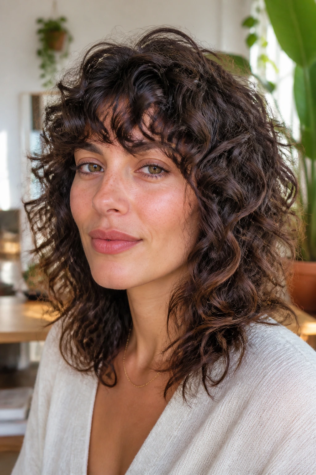 Portrait of a real woman with curly fringe and midlength layers opening the face