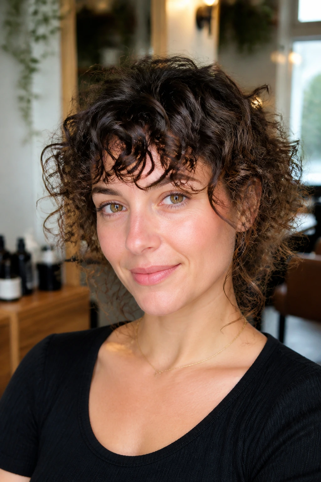 Close-up of a woman with curly fringe shaped to her natural texture in a cozy salon