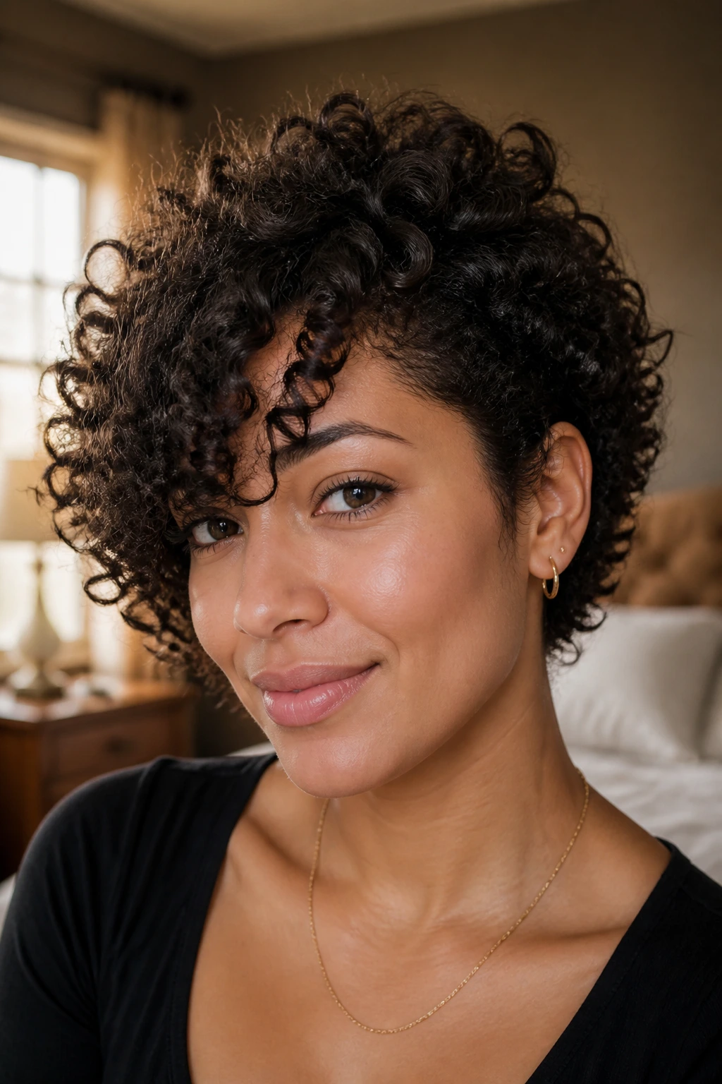 Close-up of a real woman with curly side fringe on natural texture, warm window light.