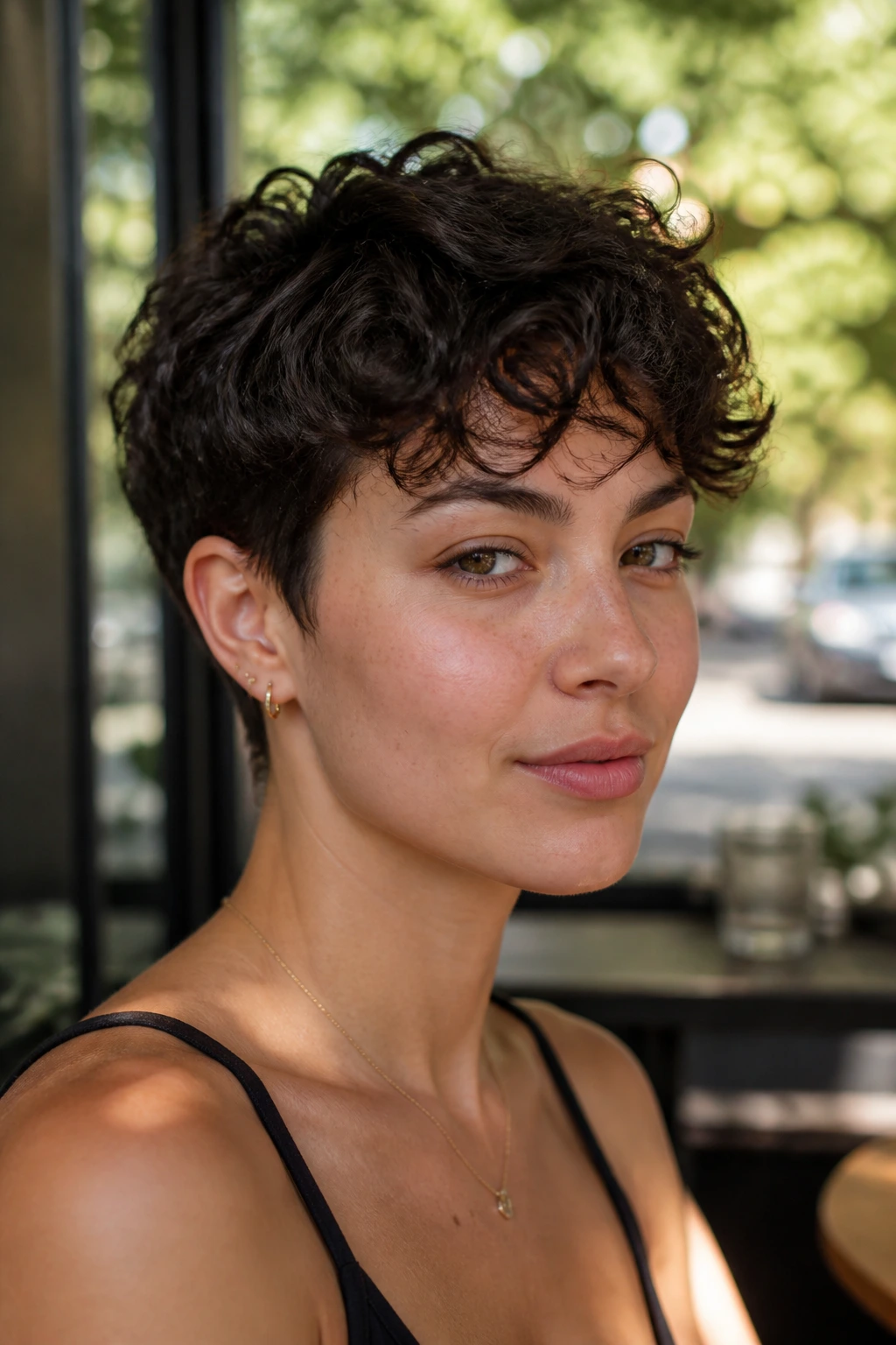 Close-up of a real woman with curly fringe pixie bangs curling upward in sunlight