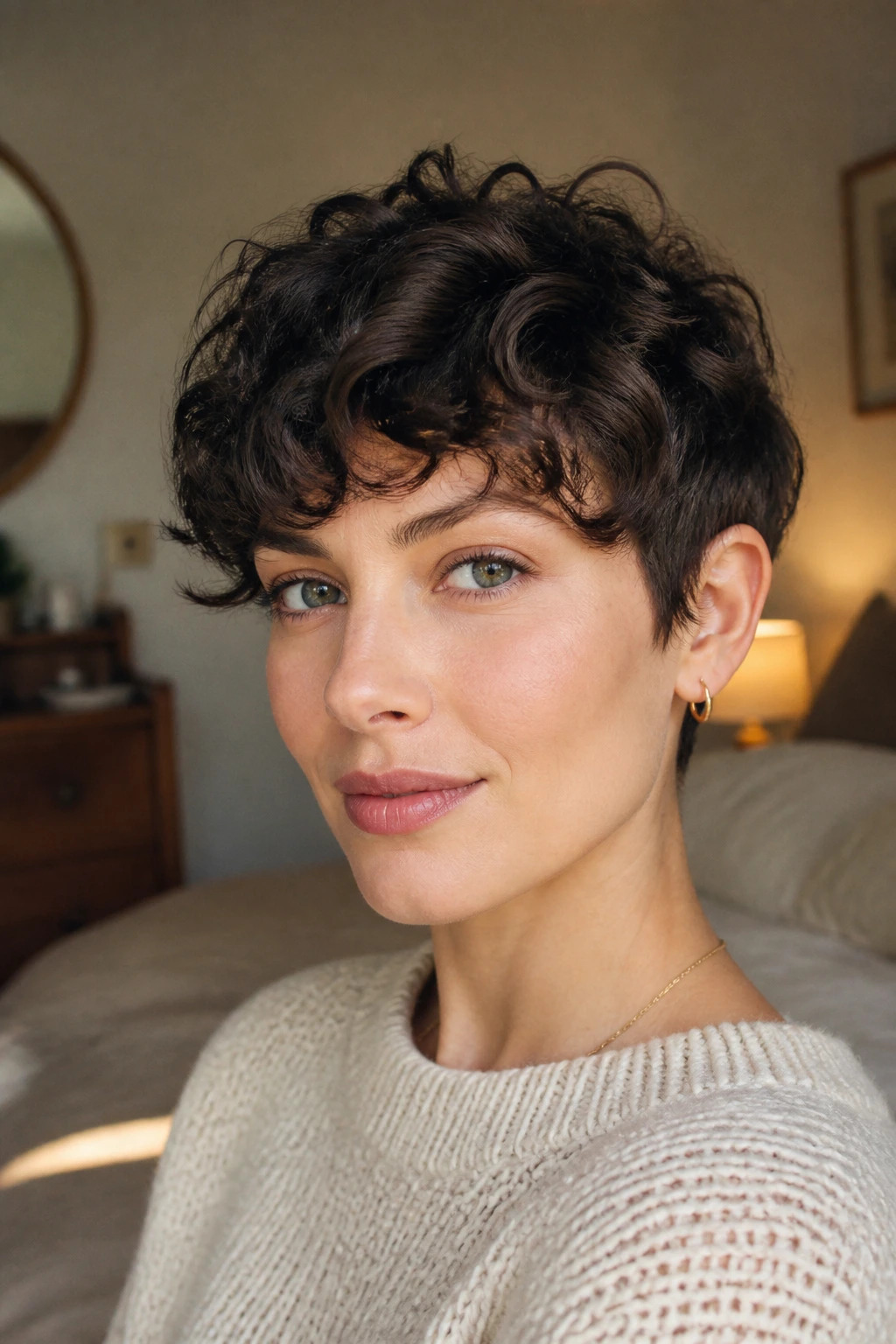 Close-up portrait of a real woman with a curly fringe pixie hairstyle, fringe curved across forehead.