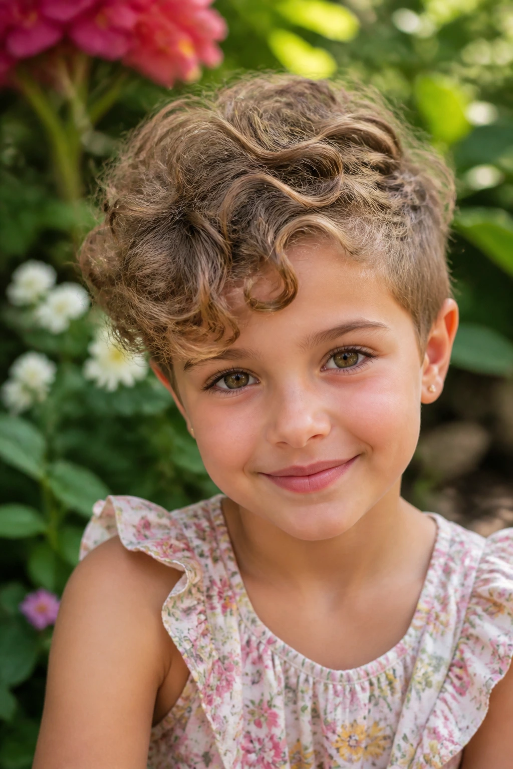 Close-up of a girl with a curly fringe pixie and tapered sides.