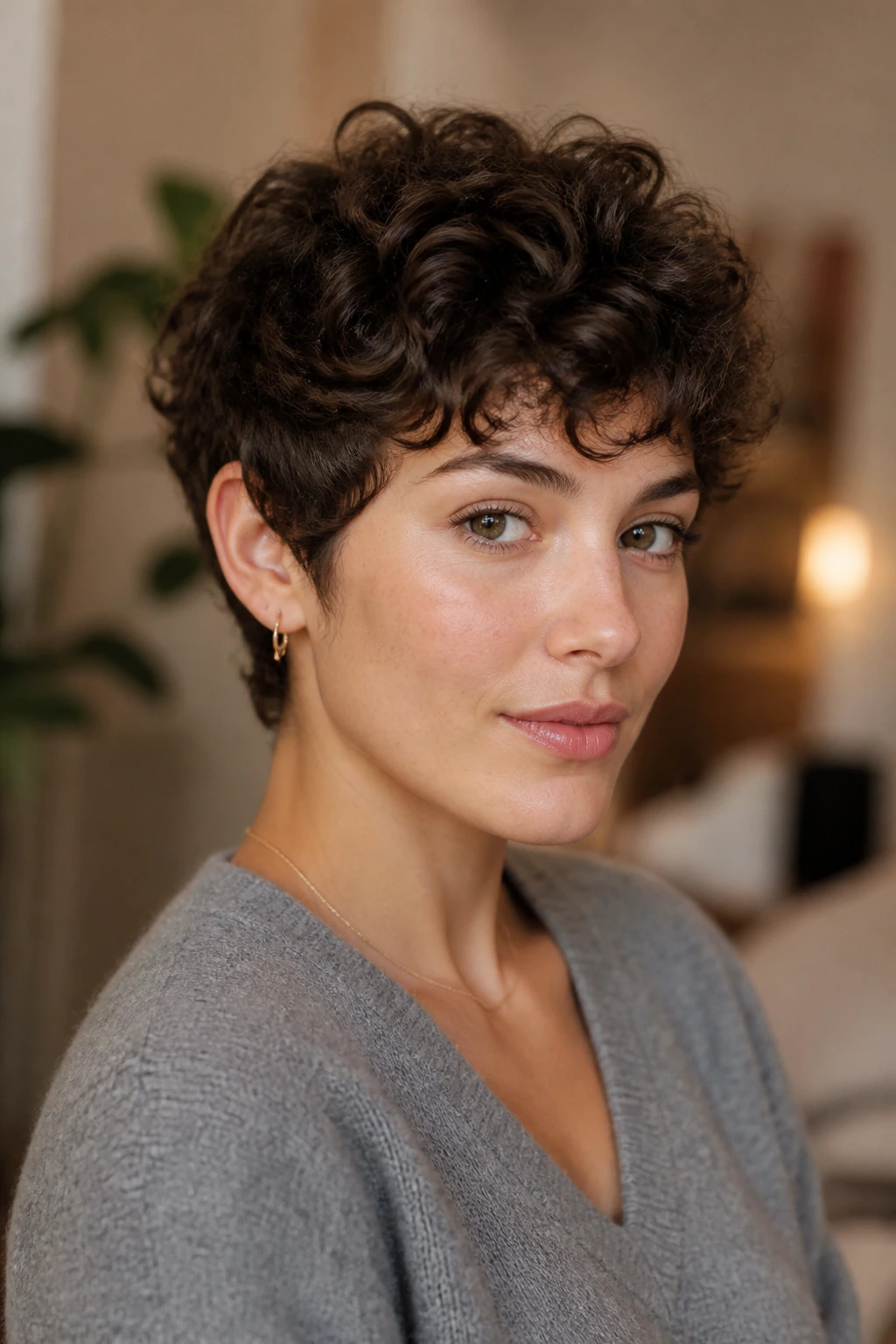 Portrait of a real woman with curly fringe pixie falling across the forehead.