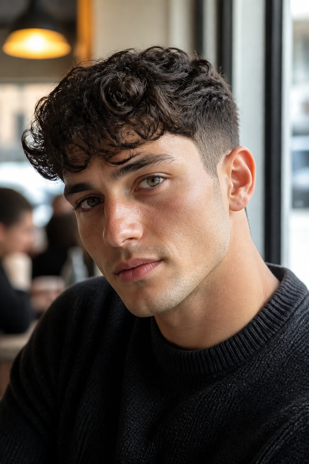 Man with curly fringe above eyebrows in soft window light