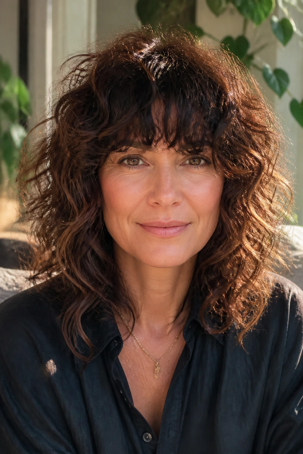 Portrait of a real person with full fringe curly shag hairstyle
