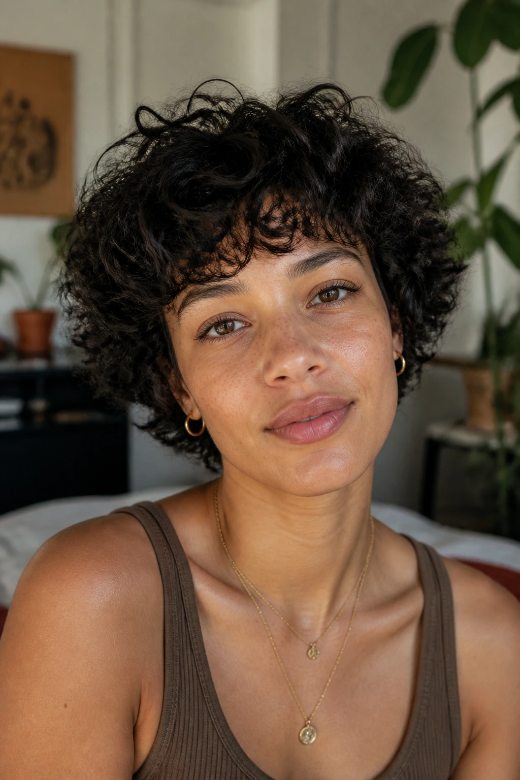 Close-up of real woman with cropped curly fringe shag showing fringe above brows and curly crown